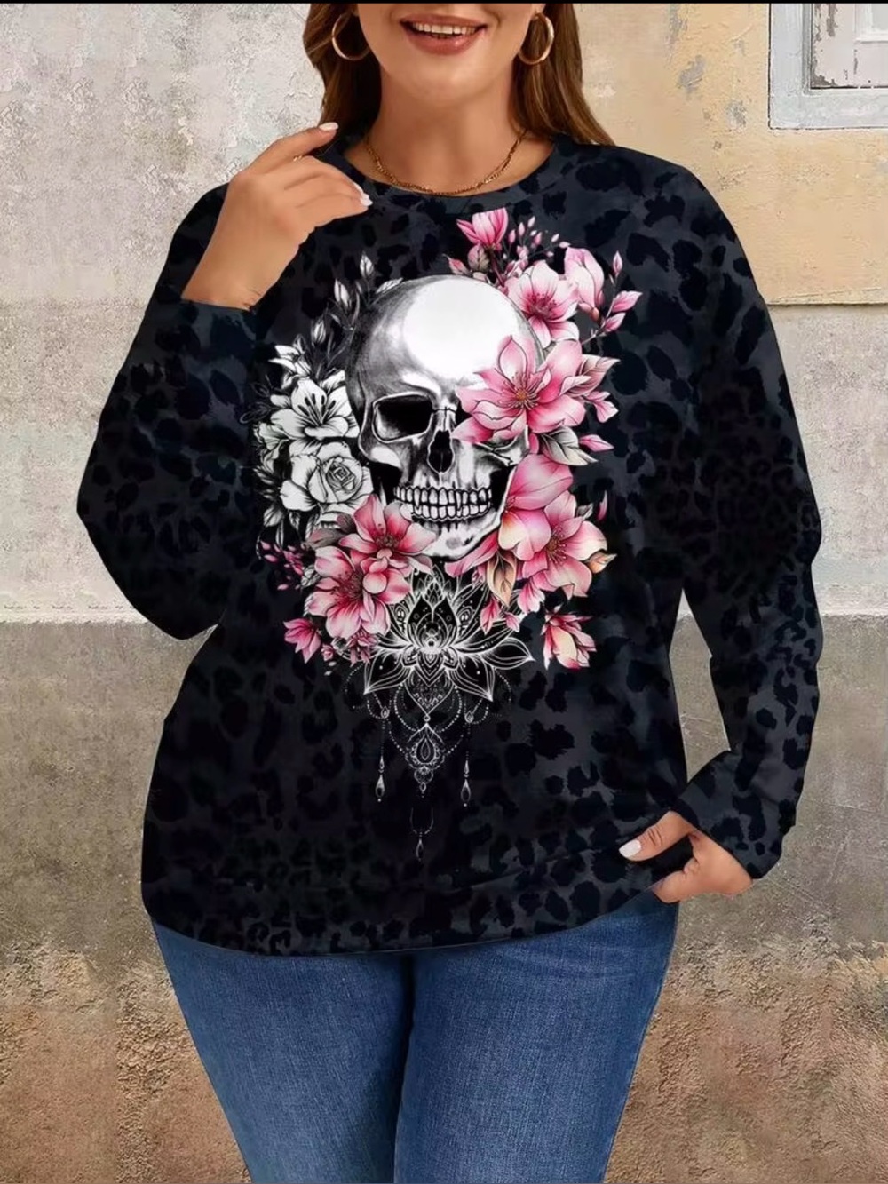 Shein Curve Cheetah Print w/ Skull Graphic Sweatshirt